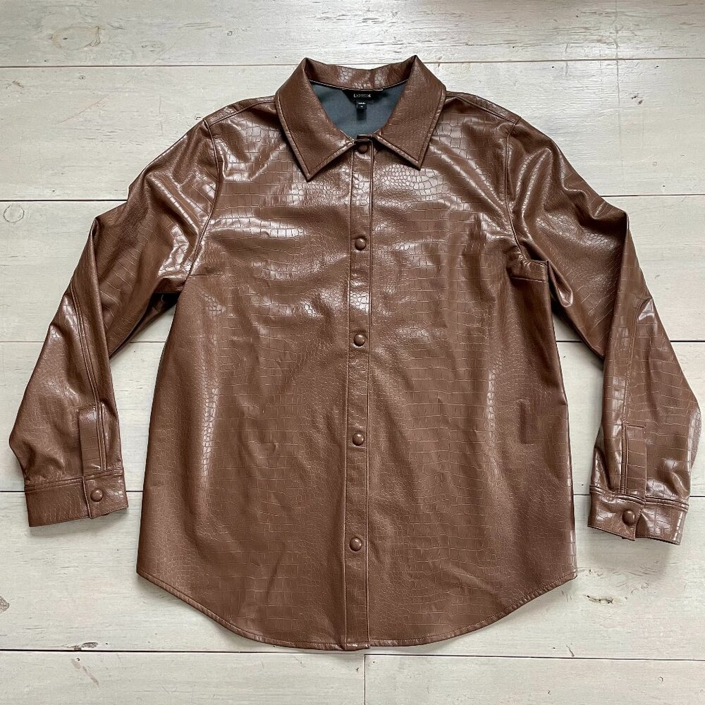 Express Women's Brown Croc Embossed Faux Leather Shacket Size M Snap Front Layer